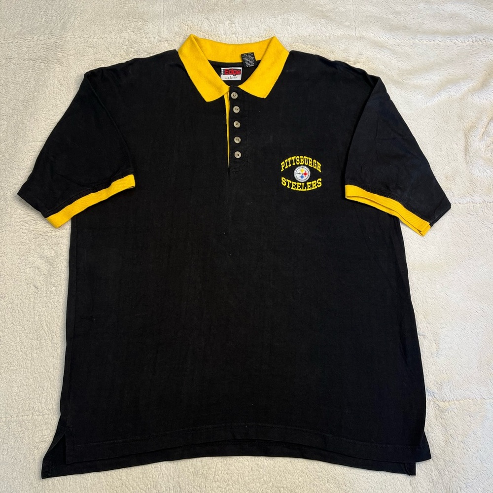 Vintage 90s The Edge NFL Pittsburgh Steelers Black Polo T Shirt Mens XL Jersey